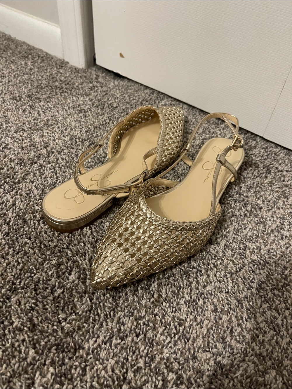 Jessica Simpson Gold Metallic Woven Slingback Flats Pointed Toe